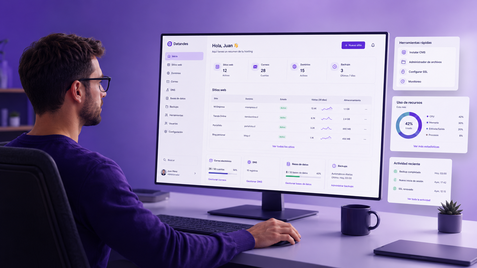 Panel de control Datandes para administrar sitios, correos, DNS y respaldos