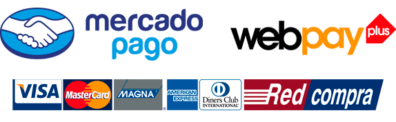 Mercado Pago, Webpay Plus, Visa, Mastercard, American Express, Diners Club y Redcompra